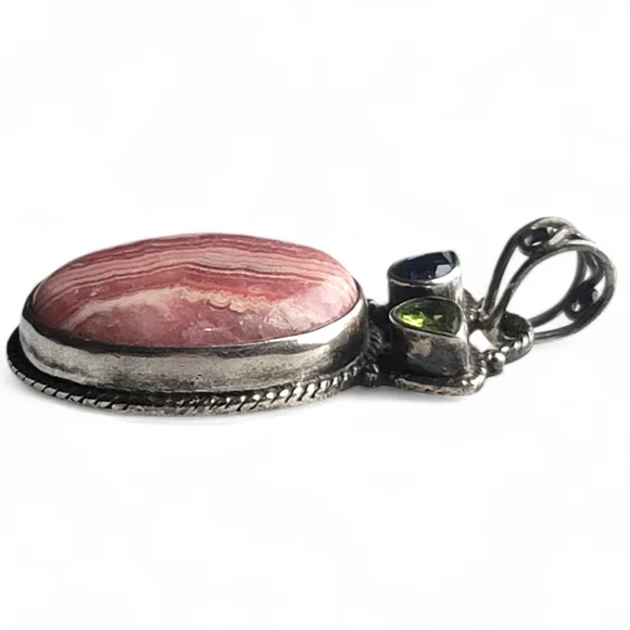 Sterling Silver Rhodochrosite with Amethyst and Peridot Pendant - Picture 3 of 8